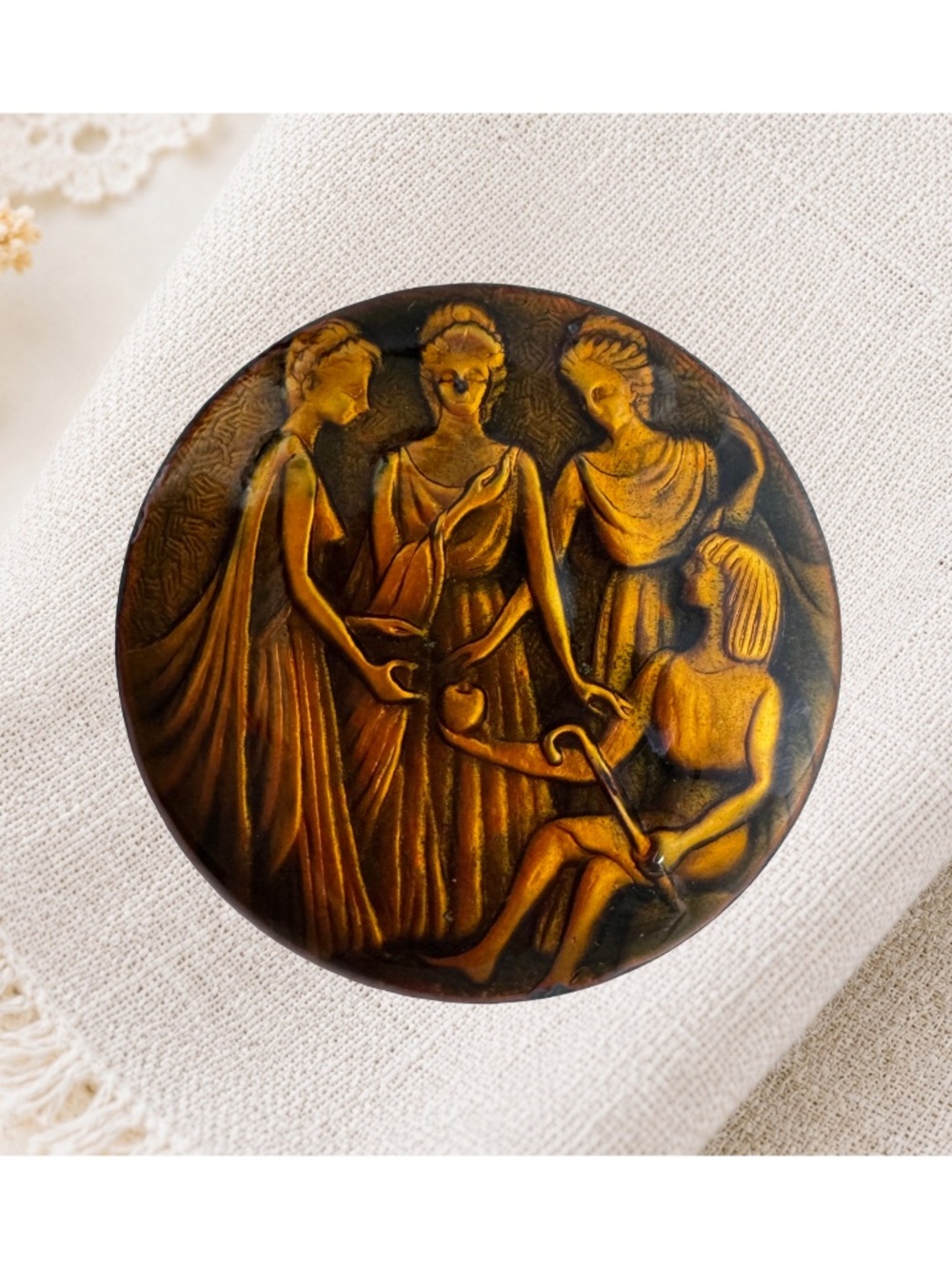 Vintage Judgment of Paris Brooch Pin Greek Mythology Japanese Cloisonne Enamel